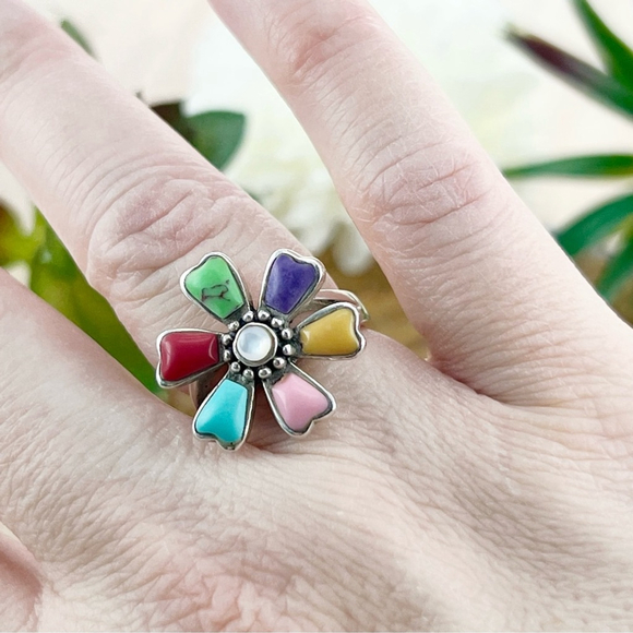 Vintage Sterling Silver 925 Size 6 Turquoise Pink Conch Multi Inlay Flower Ring - Picture 3 of 10